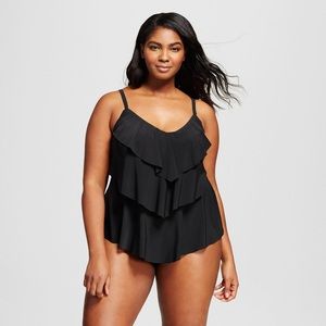 [Aqua Green] black tiered swim TOP